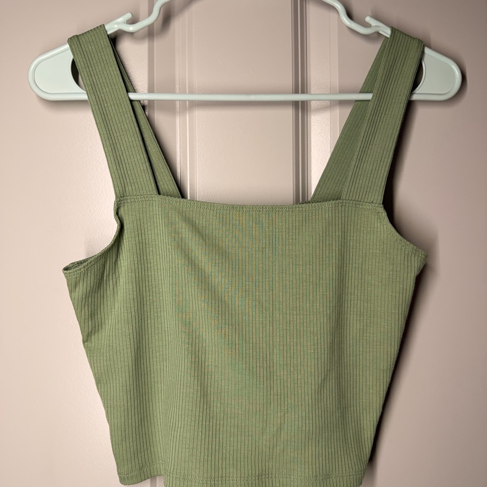 American Eagle Outfitters Olive Ribbed Square-Neck Crop Tank